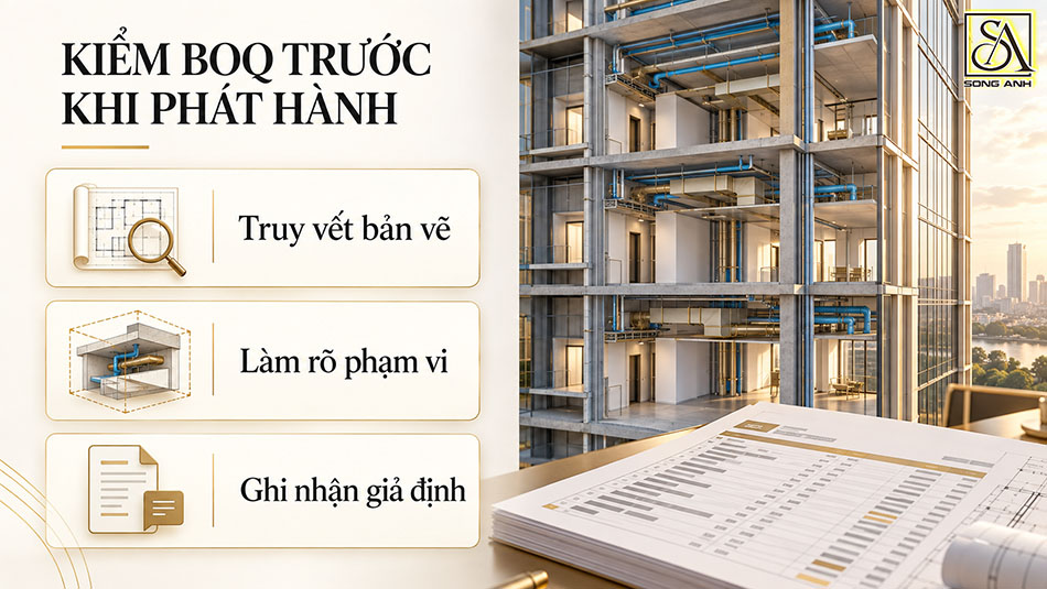 Ba lớp kiểm tra BOQ gồm truy vết bản vẽ, làm rõ phạm vi và ghi nhận giả định